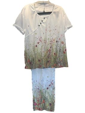 Floral Field Two-Piece Top and Pant Set - White Meadow, Plus size 2X